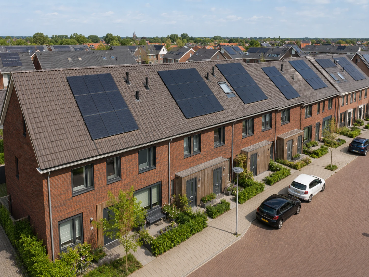 Nederlandse rijtjeshuizen met zonnepanelen op het dak, Zaandam